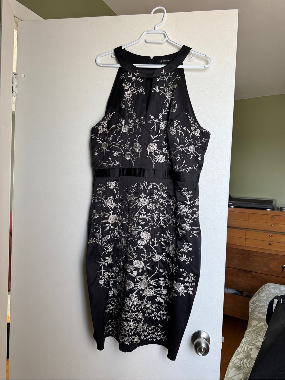 le chateau Black Midi Dress with Floral Embroidery